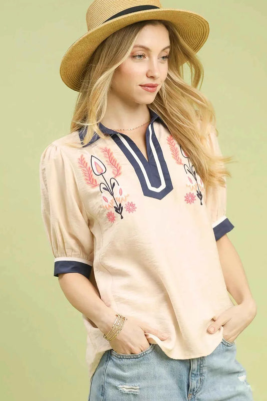 Embroidered Puff Sleeve Contrast Trim Top 79558e08-c927-4111-a8cc-334d92697b25-Max-Origin