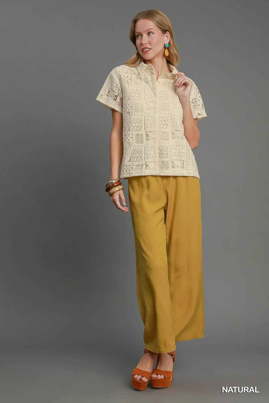 Umgee Patch Lace Short Sleeve Button Down Shirt 7958af13-d01e-42ba-bc01-2ed3981c853c-Max-Origin