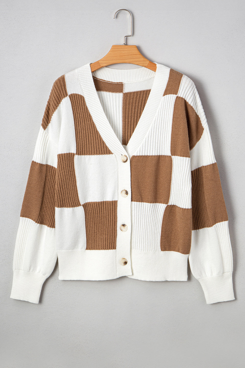 Khaki Checkered Pattern Button V Neck Ribbed Knit Cardigan 795b8e1aa8b2af06