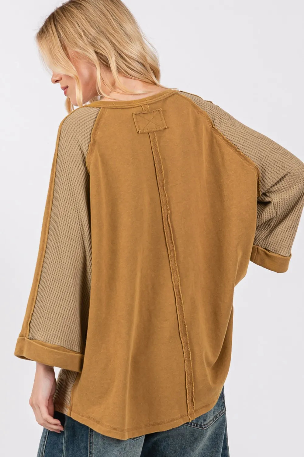 SAGE + FIG Star Applique Patch Exposed Seam Waffle Knit Top 795c8b21-d2a5-4d1a-aa7f-f95f208c6b2b-Max