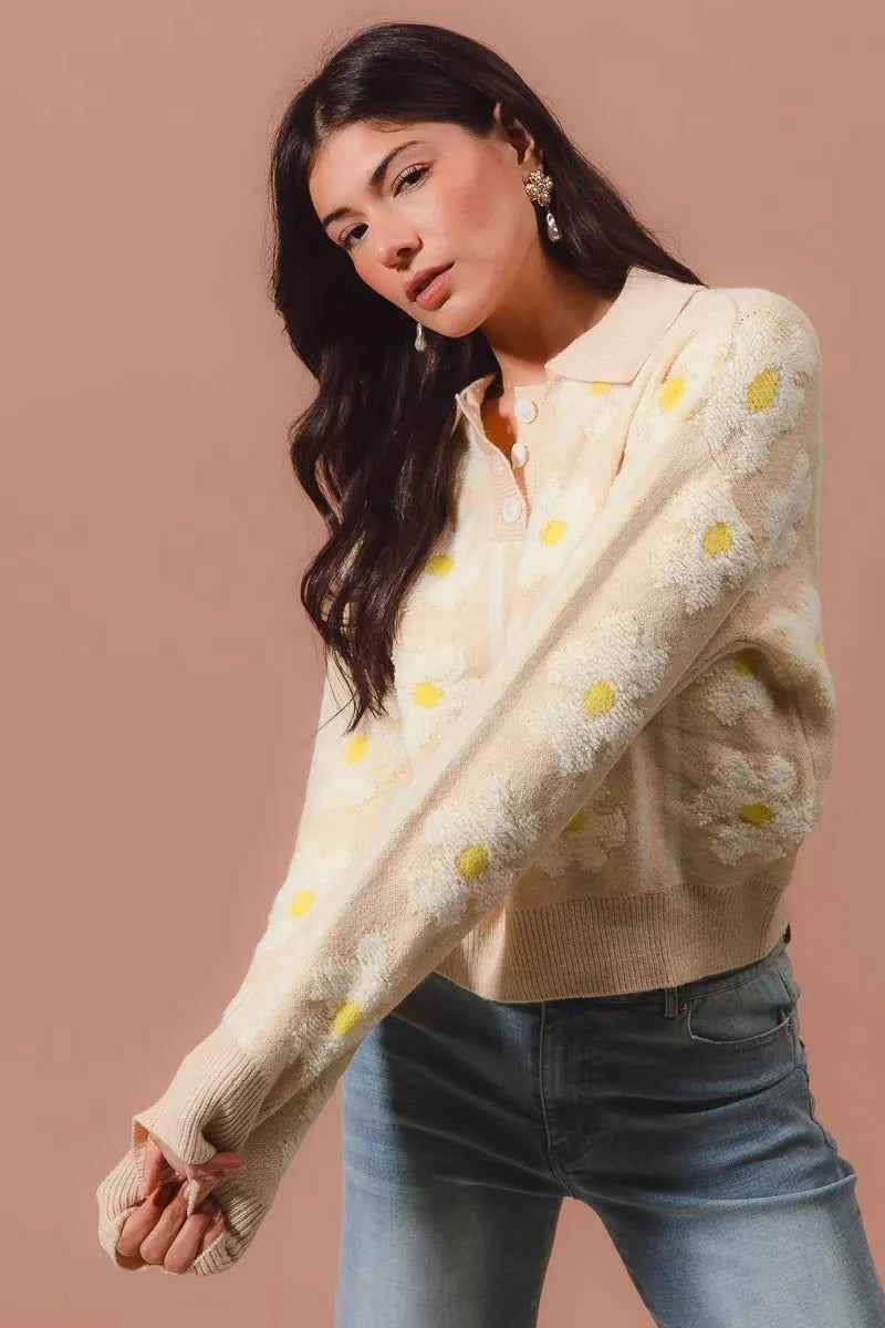 SO ME Floral Stripe Polo Collar Sweater 795e0e0e-8891-4ea1-802b-a04549218116-Max-Origin