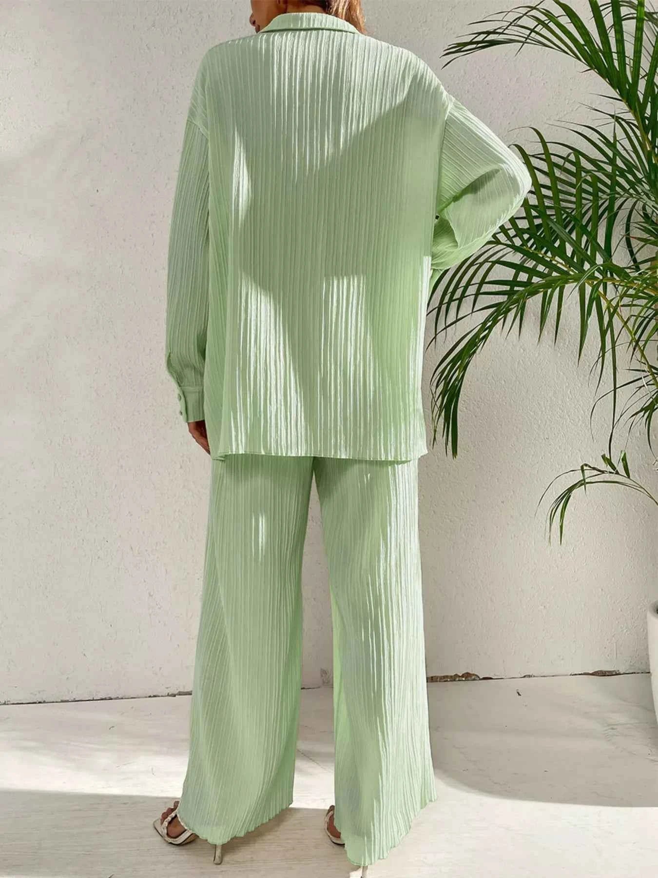 Long Sleeve Shirt & Wide Leg Pants Set Light Green 79602cee-fa7d-4dec-80a9-8093f6a7af8e-Max-Origin
