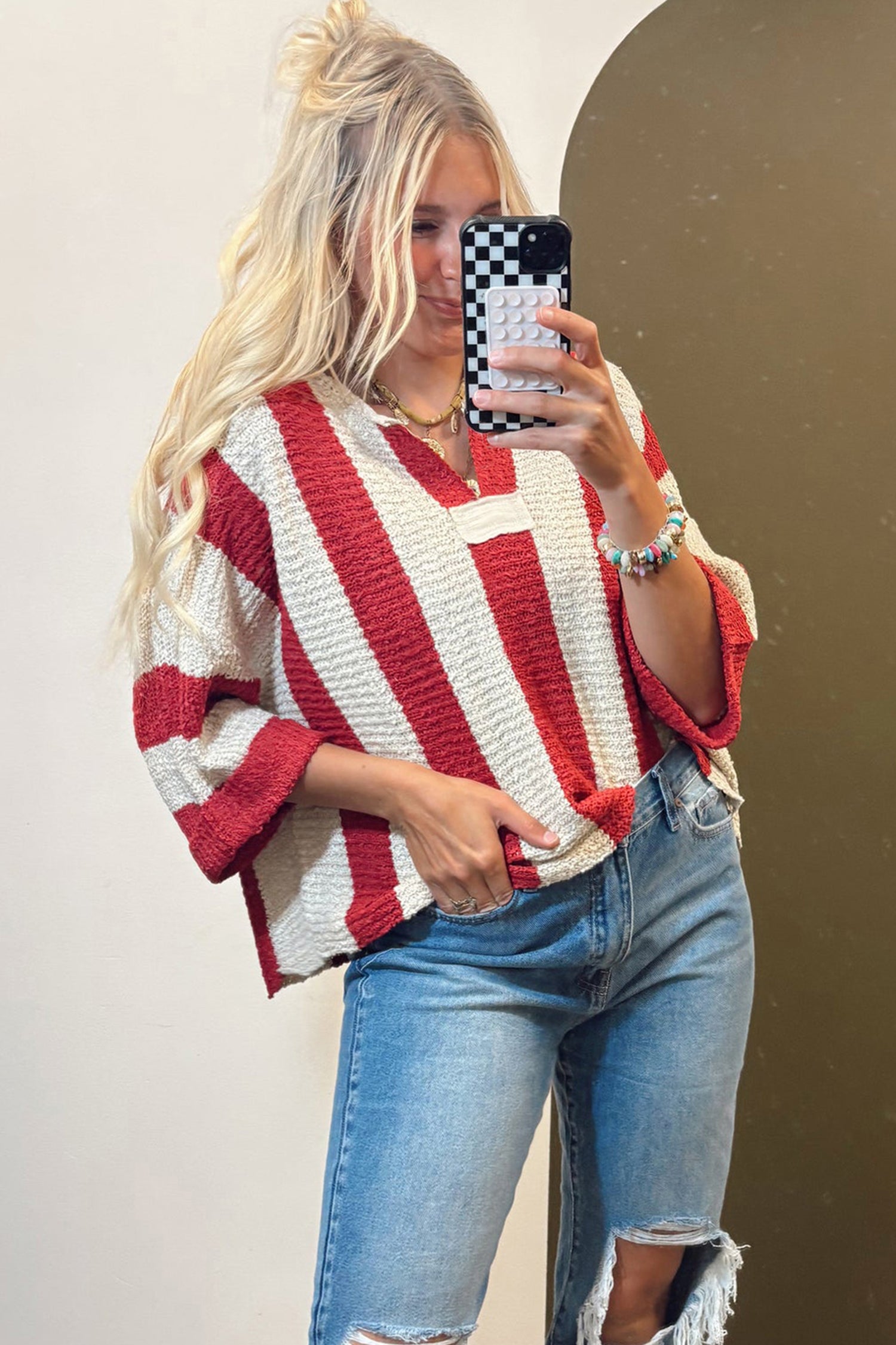 Red Stripe Colorblock V Neck Bracelet Sleeve Sweater 79668198ae77cf01