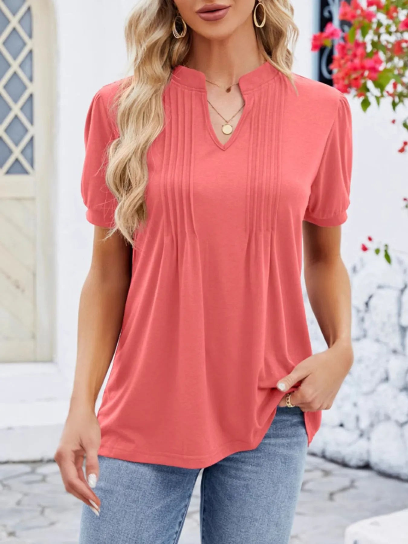 Notched Short Sleeve T-Shirt Orange Red 796c2cef-c0a8-4577-9814-b96547f00fad-Max-Origin