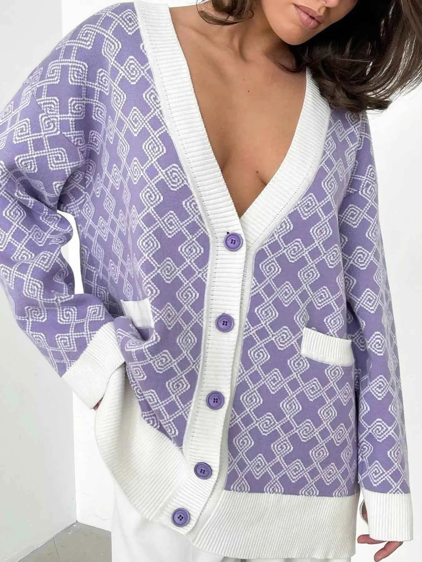 Geometric Pattern Button-Down Cardigan Purple rice White 7970d6d9-680c-478f-9a93-3f200f6ea78c-Max-Origin