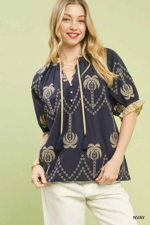 Umgee Embroidered Palm Print Tassel Tie Blouse NAVY 7971594d-2268-48ff-8394-b1e5906de7ad-Max-Origin