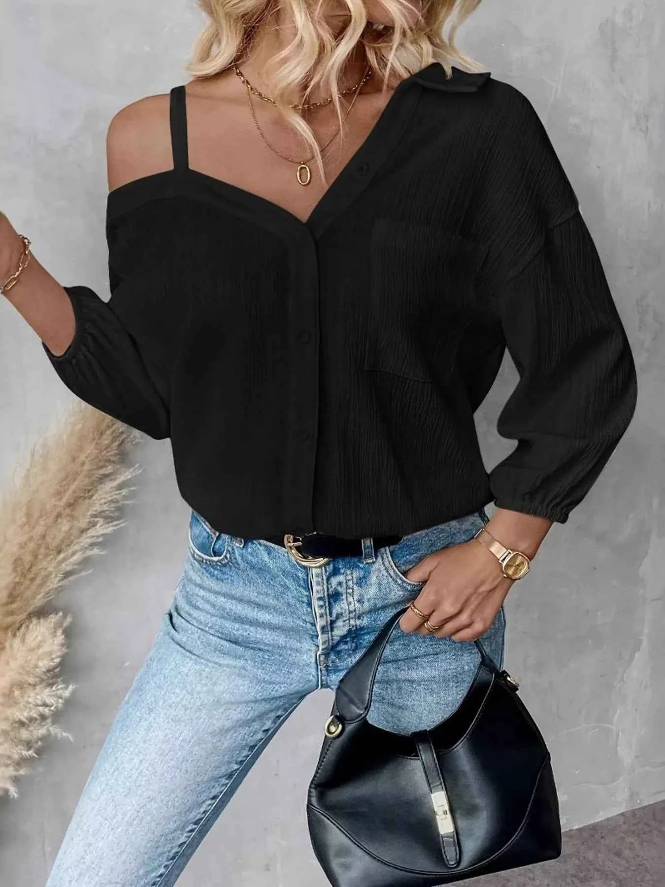 Asymmetrical Cold Shoulder Button Up Shirt