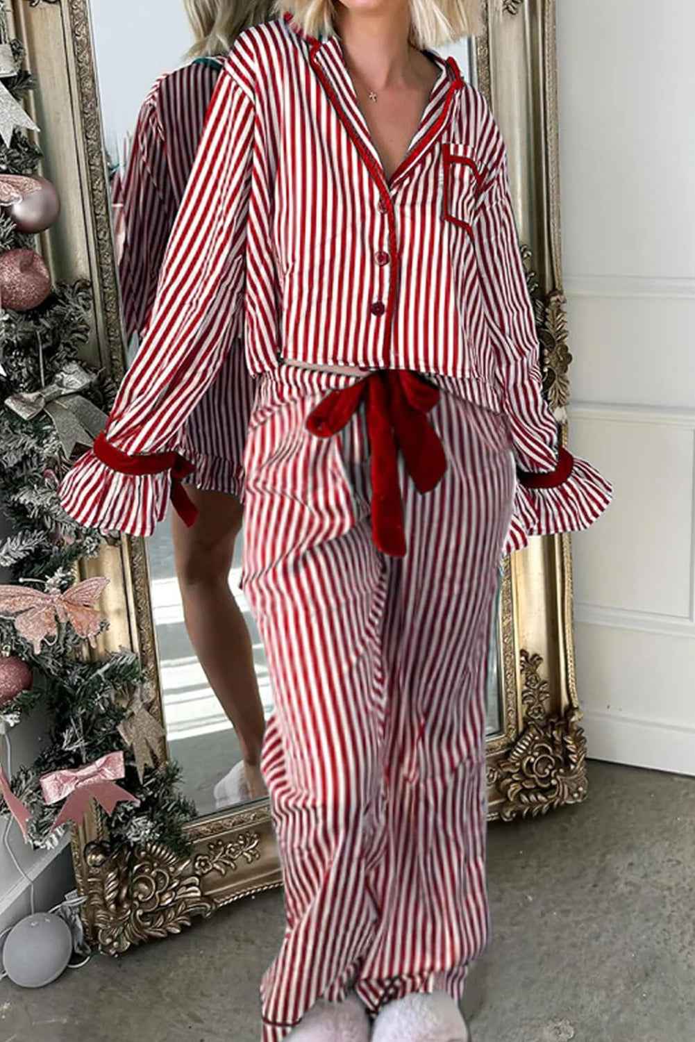Red Striped Contrast Velvet Trim Knot Waist Pajama Set Red Stripe 100%Polyester 79737c39084e35c8