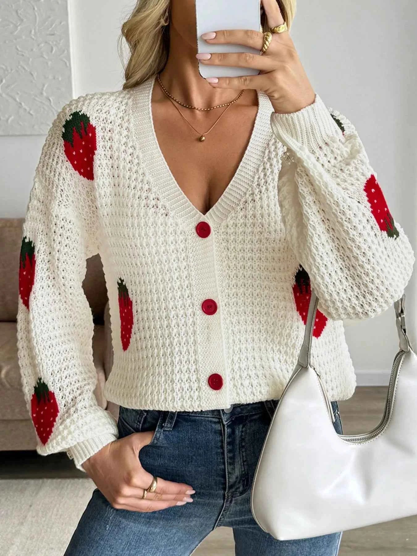 Strawberry Pattern V-Neck Button-Up Cardigan 79748c85-2120-4331-94e6-544930c1d096-Max-Origin