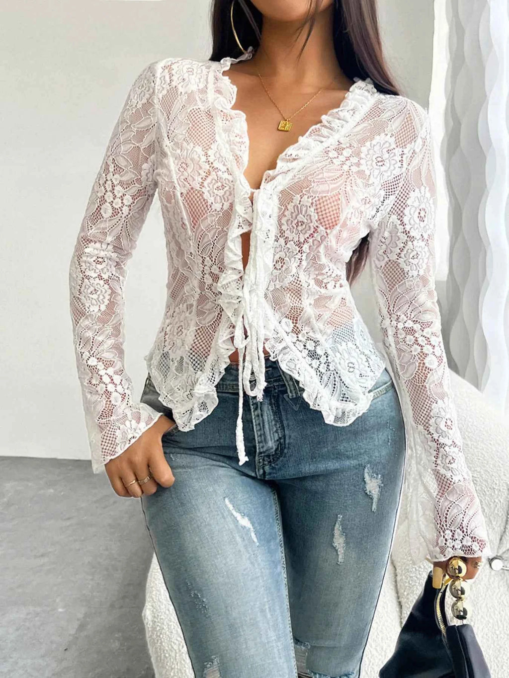 Tie Front Long Sleeve Lace Top 79775c63a1bb4df08631376285ae9d0c-Max-Origin