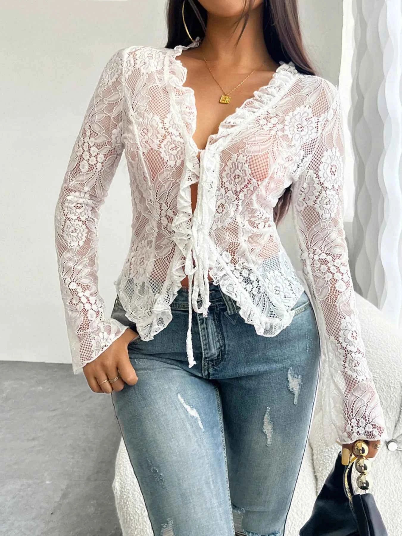 Tie Front Long Sleeve Lace Top 79775c63a1bb4df08631376285ae9d0c-Max-Origin