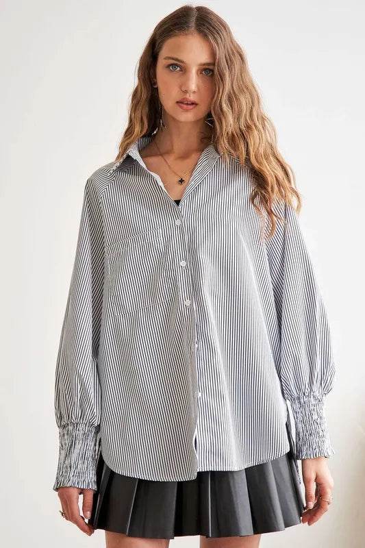 ADORA High-Low Striped Button Down Smocked Lantern Sleeve Shirt 797a4e01-fc95-4d55-a2bd-3a0b9c888317-Max