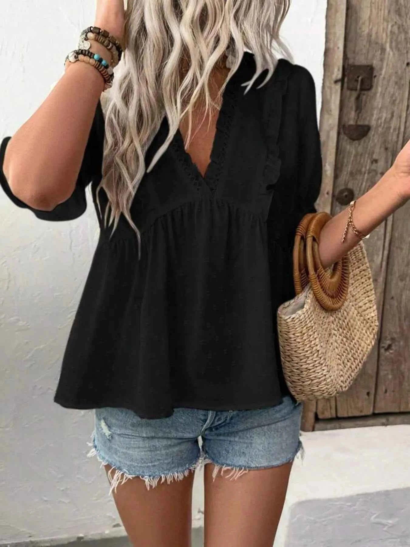 Swiss Dot Ruffled V-Neck Blouse with Flounce Sleeves