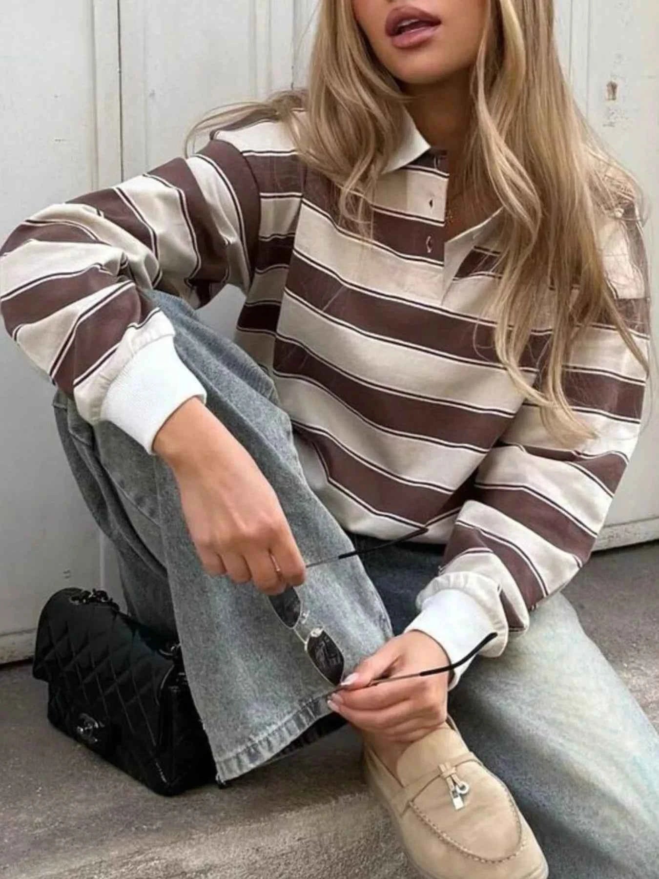 Striped Button Detail Long Sleeve Polo 7980a335-13ec-4848-8231-a1e4c868e74c-Max-Origin