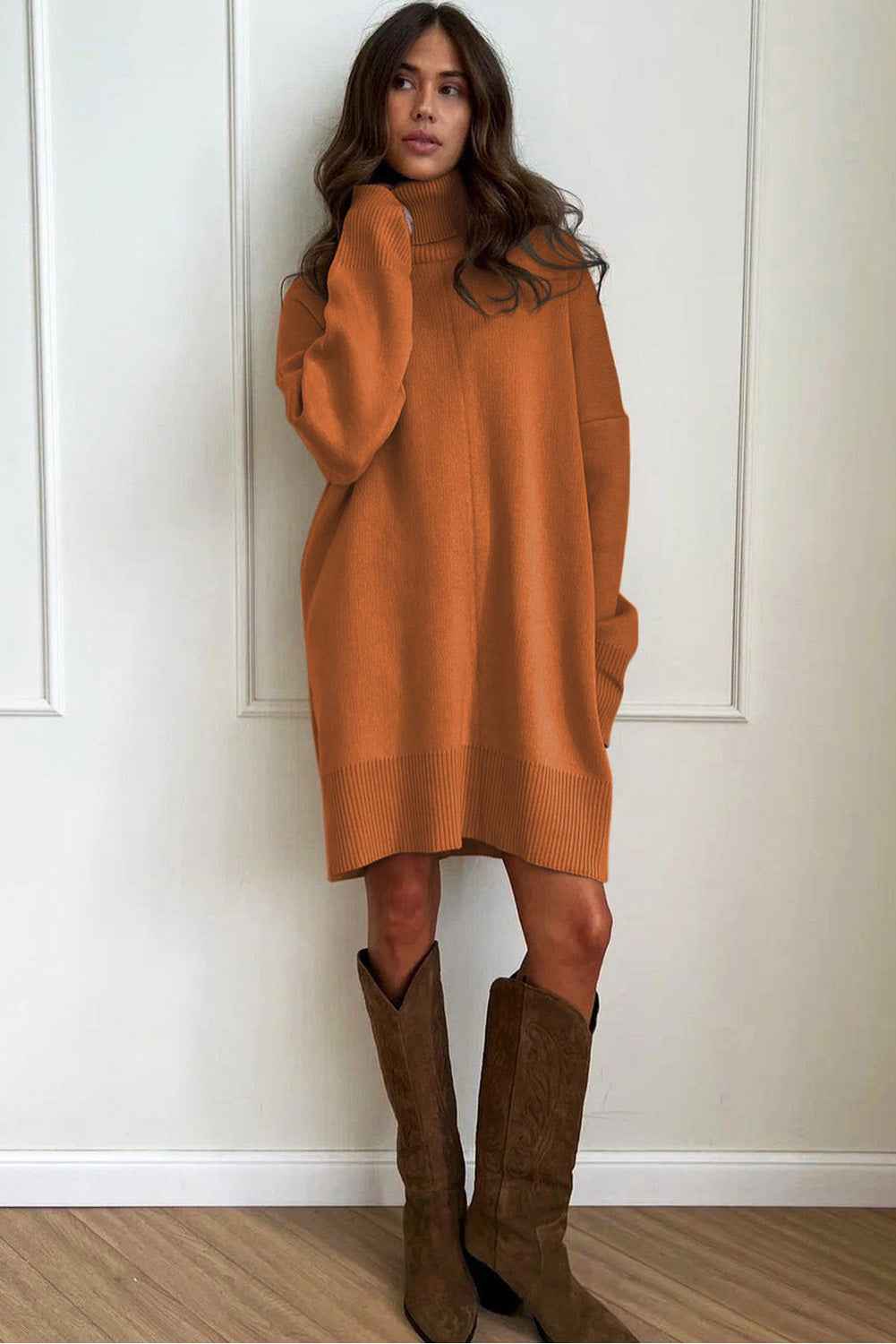 Black Solid Color Turtleneck Drop Shoulder Loose Sweater Dress 798f644721094904