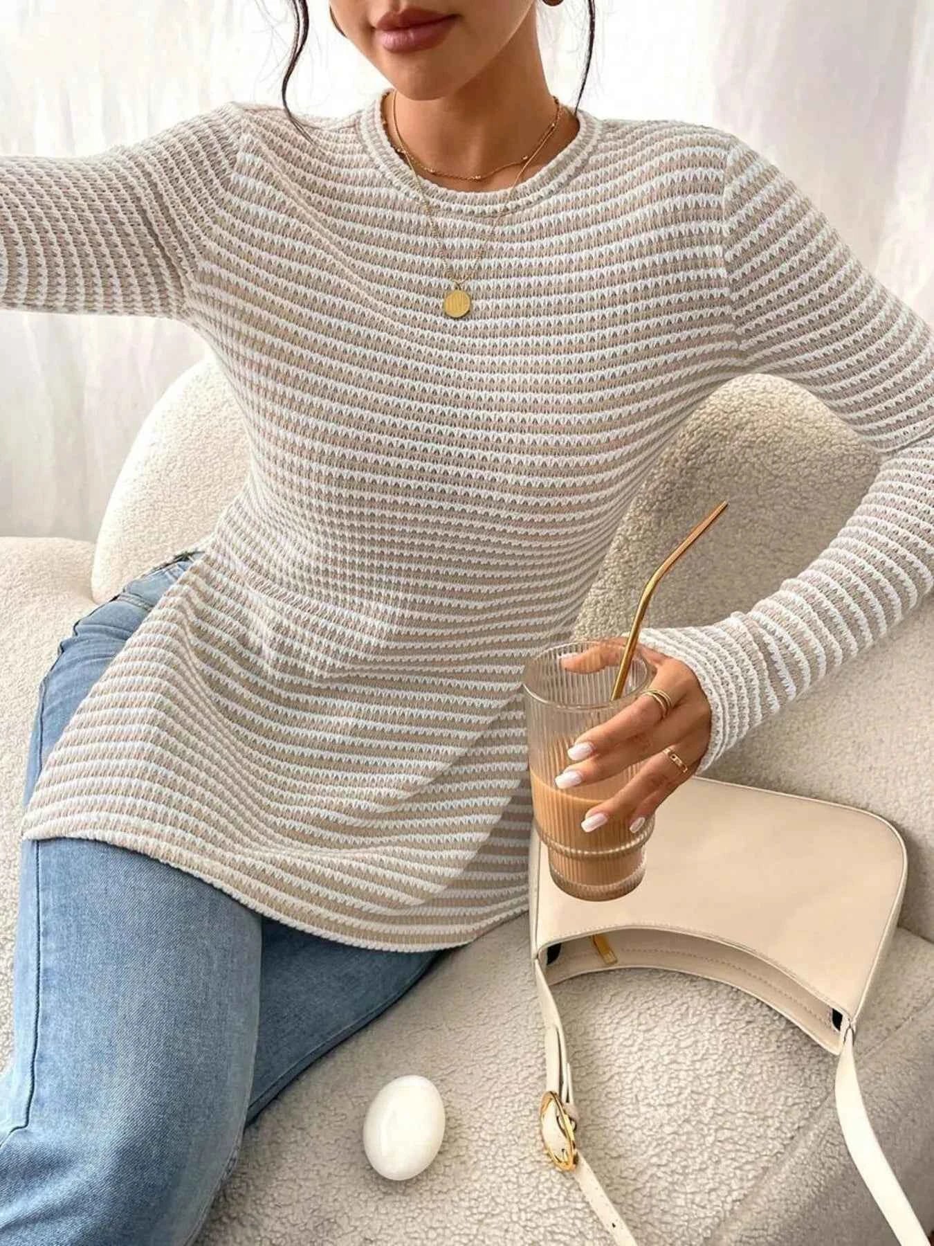 Side Slit Striped Long Sleeve T-Shirt 79910eddfded4e8fa4ec3074d7894a1a-Max-Origin