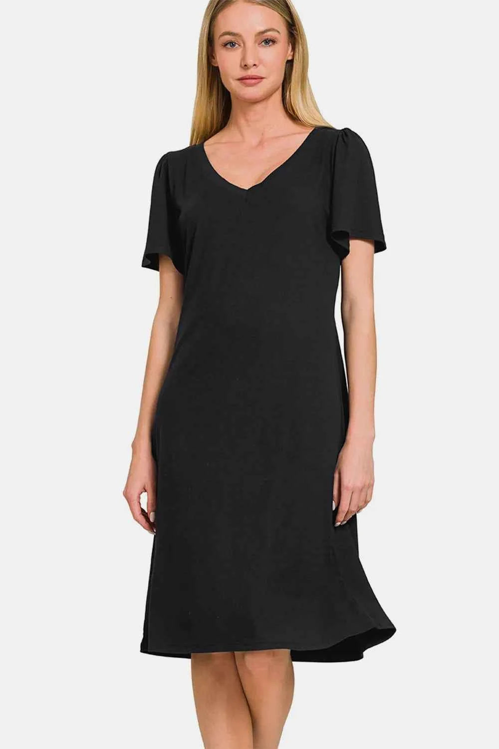 Zenana V-Neck Short Sleeve Dress Black 7994404c-a501-44ef-8ace-60419d78c471-Max