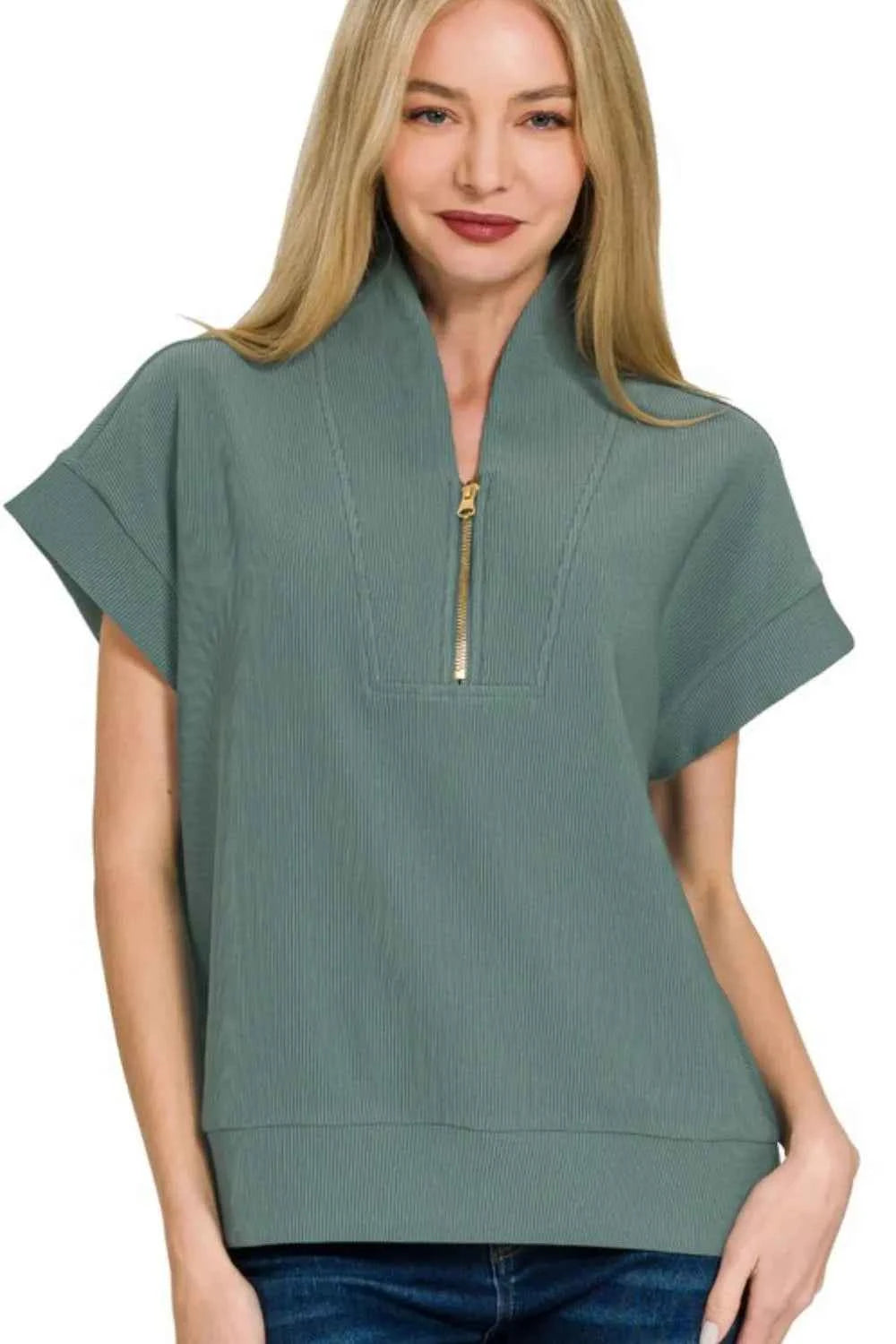 Zenana Ribbed High Neck Half Zip Top ASH JADE 799a166c-b520-42d9-9c1b-86909a846b68-Max-Origin