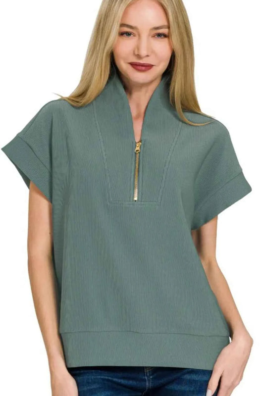 Ribbed High Neck Half Zip Top ASH JADE 799a166c-b520-42d9-9c1b-86909a846b68-Max-Origin