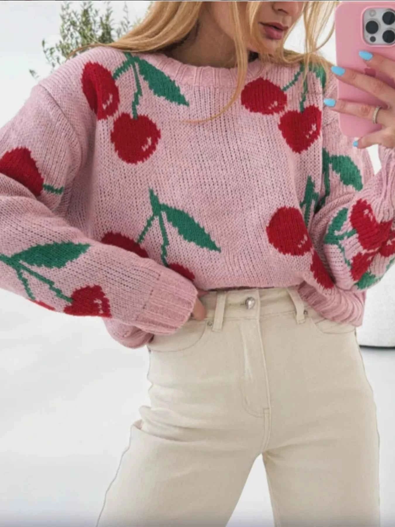 Cherry Pattern Long Sleeve Sweater 799ada13-8139-45cd-99aa-2b6fded350da-Max-Origin