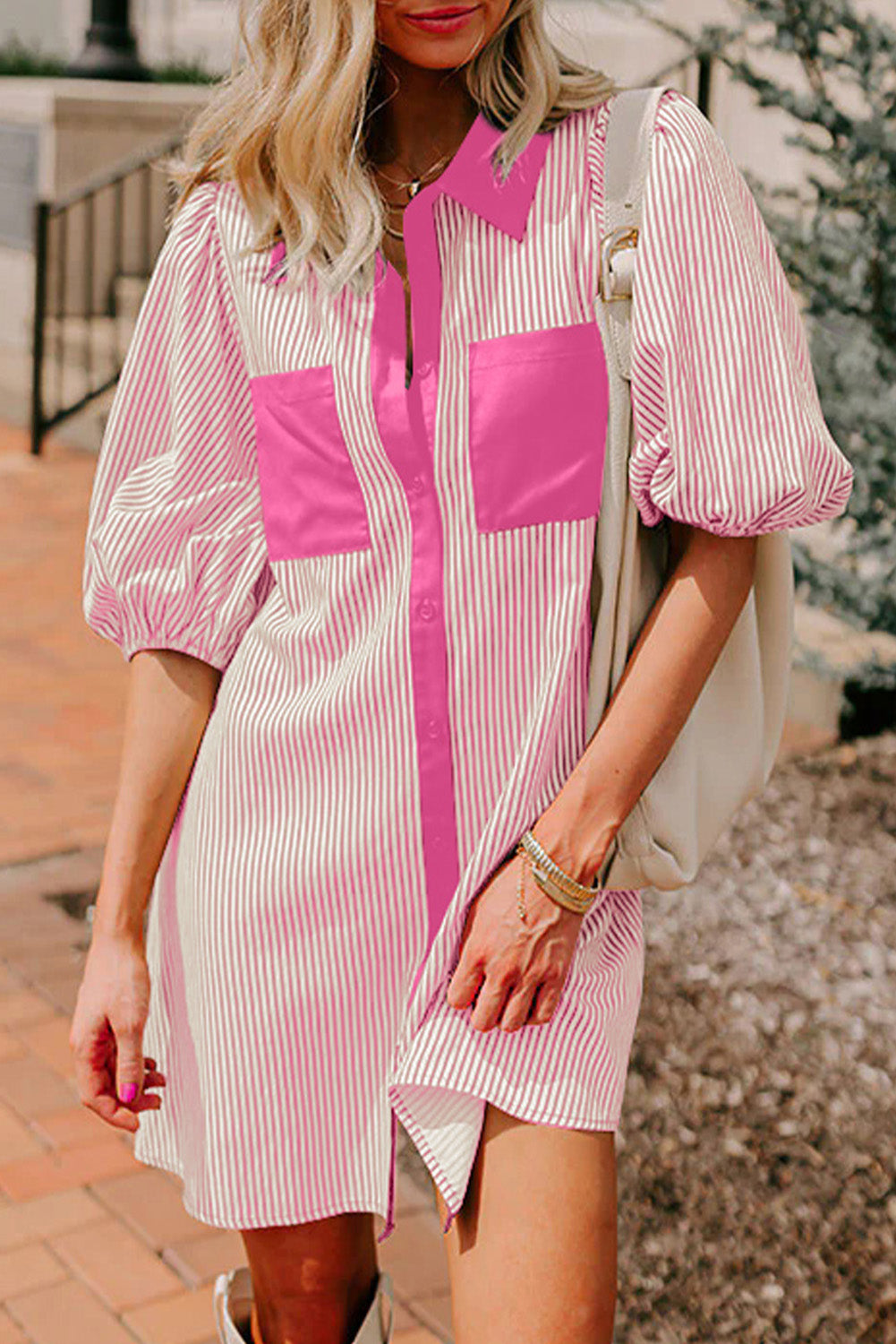 Green Stripe Color Block Patchwork Shirt Collar Button Down Puff Sleeve Mini Dress Rose Stripe 50%Polyester+50%Cotton 799bfd769a1a648a
