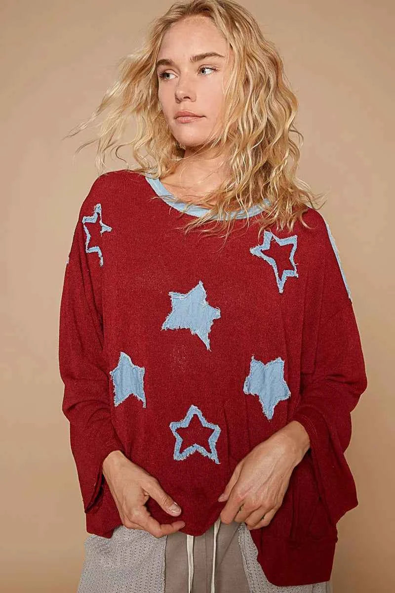 POL Exposed Seam Relaxed Fit Sweater with Star Denim Patch 799c1ac1-61c3-4710-9fd7-885d2eda2bca-Max-Origin