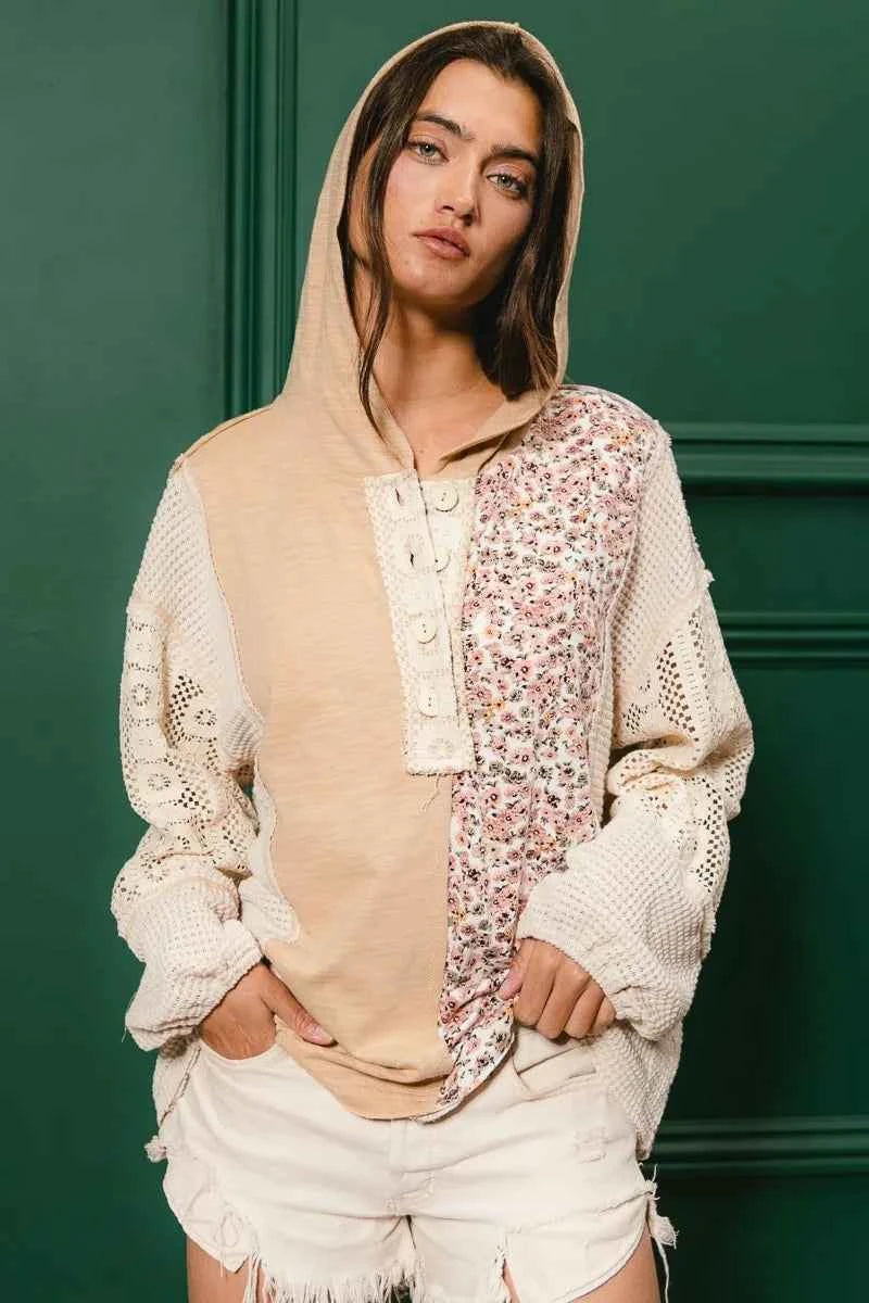 BiBi Slub Jersey with Lace Combo Buttoned Hoodie Top TAUPE 79a642ac212d4463a916560e9362a4fa-Max-Origin