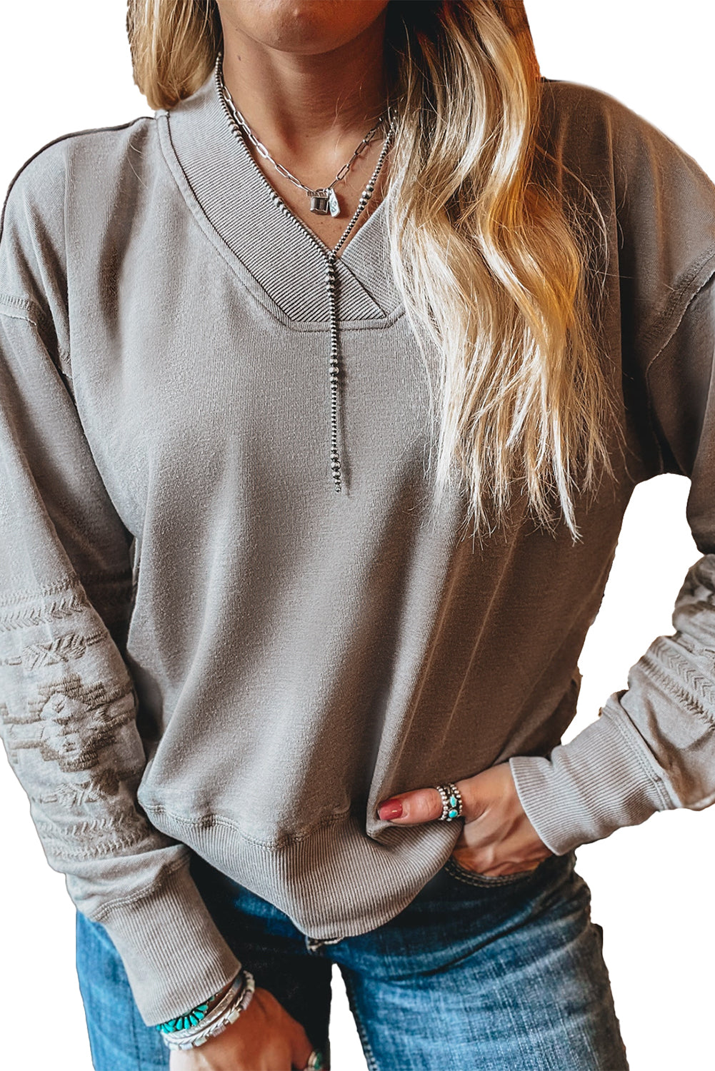 Parchment Geometric Embroidered V Neck Sweatshirt Parchment 80%Polyester+20%Cotton 79a6bb3bdcc988af
