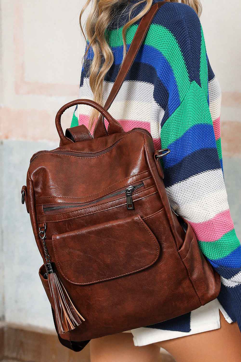 Dark Brown Tassel Decor Retro PU Large Capacity Backpack 79a6f22f44f69fcf