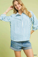 Umgee Striped Collared Neck Blouse BLUE 79a7a9c0-920c-4e00-b8c4-c0e39eb63abf-Max-Origin