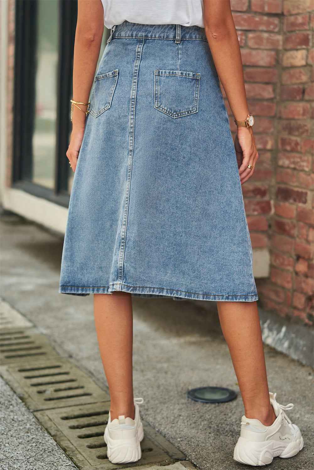 Button Front A-Line Denim Skirt 79ad8787814d4159b3af187bdfa84779-Max