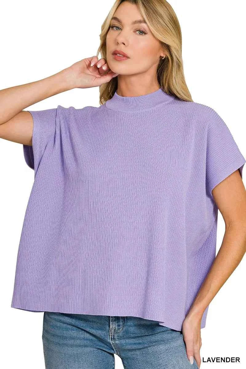 Zenana Viscose Mock Neck Short Sleeve Boxy Sweater LAVENDER 79aea38f5ac14e0c99876cbcfa91d6f8-Max-Origin
