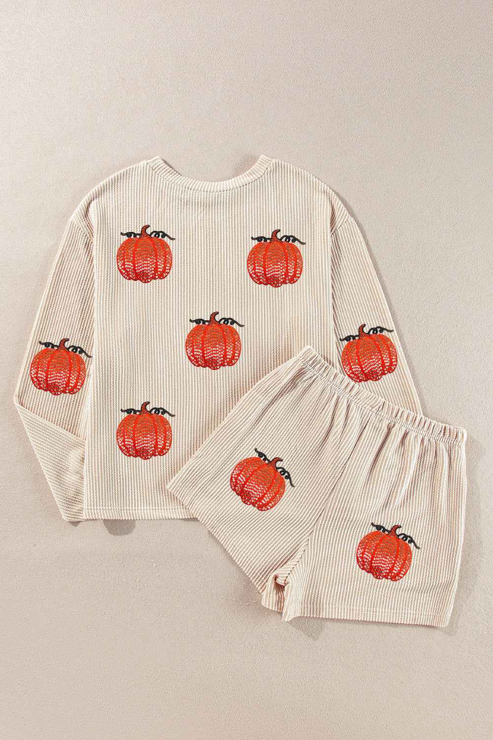 Parchment Twisted Rib Sequin Pumpkin Patched Long Sleeve Pullover and Shorts Set Parchment 75%Polyester+20%Viscose+5%Elastane 79b2d322366b0373