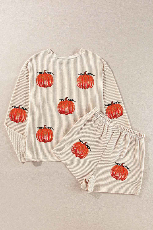 Parchment Twisted Rib Sequin Pumpkin Patched Long Sleeve Pullover and Shorts Set Parchment 75%Polyester+20%Viscose+5%Elastane 79b2d322366b0373