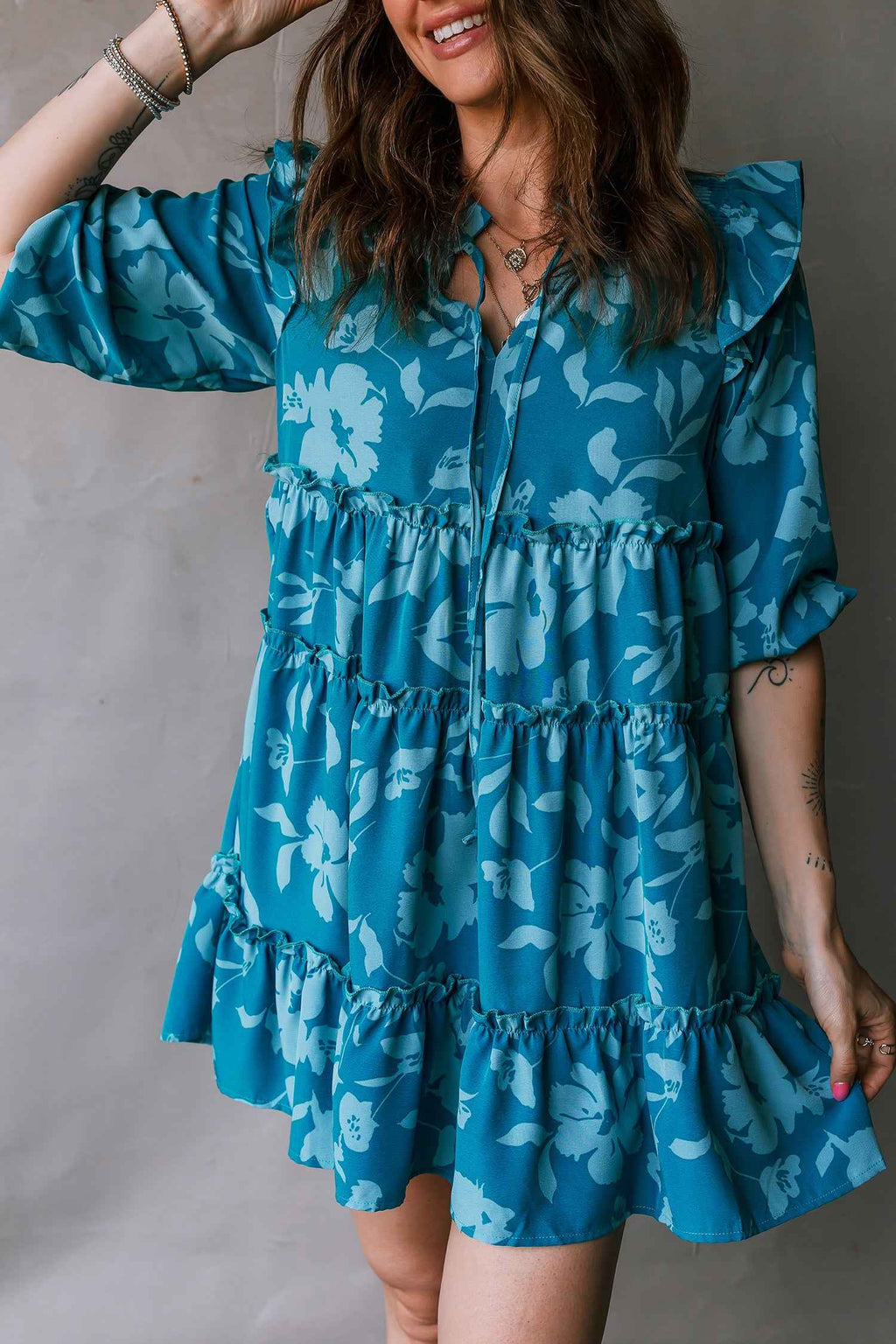 Blue Flower Half Sleeve Tiered Ruffled Mini Dress 79b41919ab8b5b59
