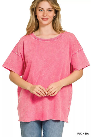 Acid Wash French Terry Drop Shoulder Raw Edge Top FUCHSIA 79b4e7d5-372d-4901-8b70-59f481538625-Max-Origin