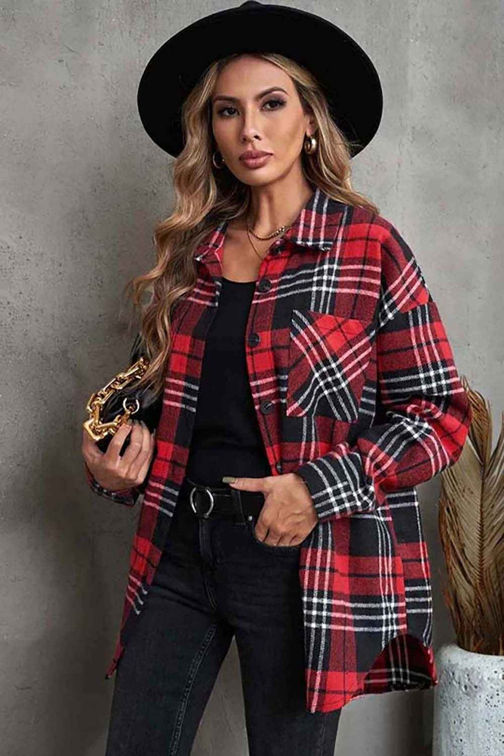 Plaid Collared Neck Button Up Jacket with Pockets Deep Red 79b5b30356964c029e6121dee356d934-Max
