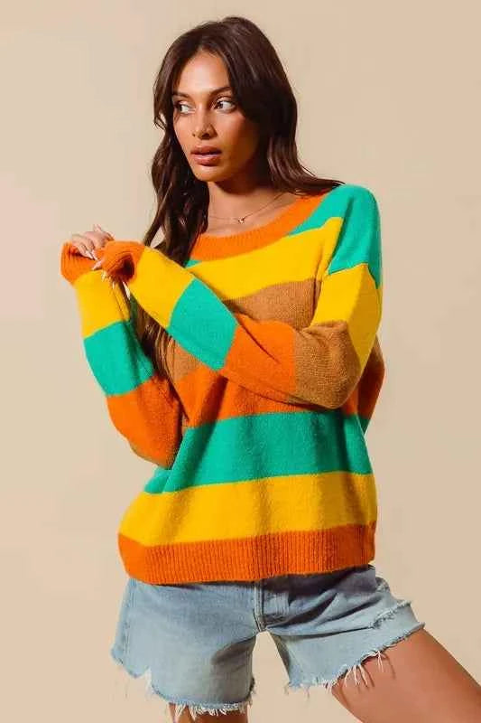 Multi Color Stripe Sweater with Ribbed Detail 79b659d3138147a5823573ad571b7cde-Max-Origin