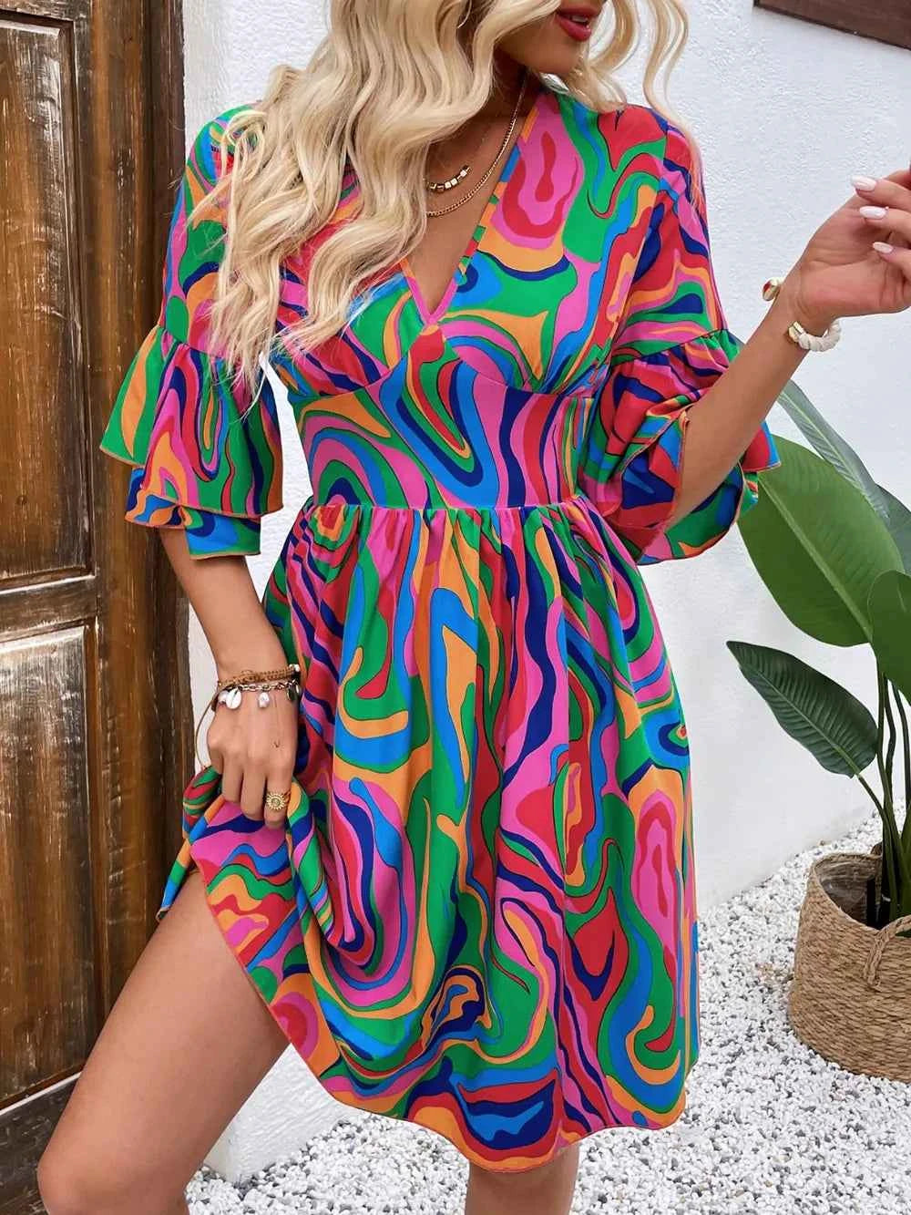 Ruffled Printed V-Neck Half Sleeve Mini Dress 79b91475-d5a1-464c-a9f4-97e3eb3cfd1d-Max