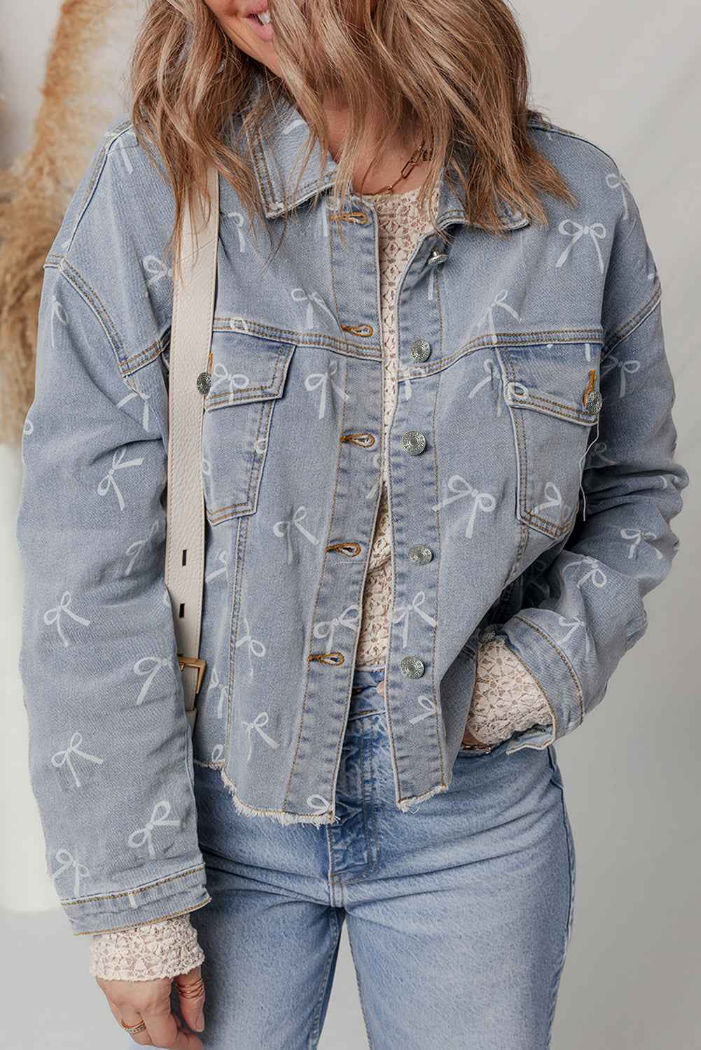 Sky Blue Bow Print Light Wash Raw Hem Denim Jacket 79be7ee96583c635