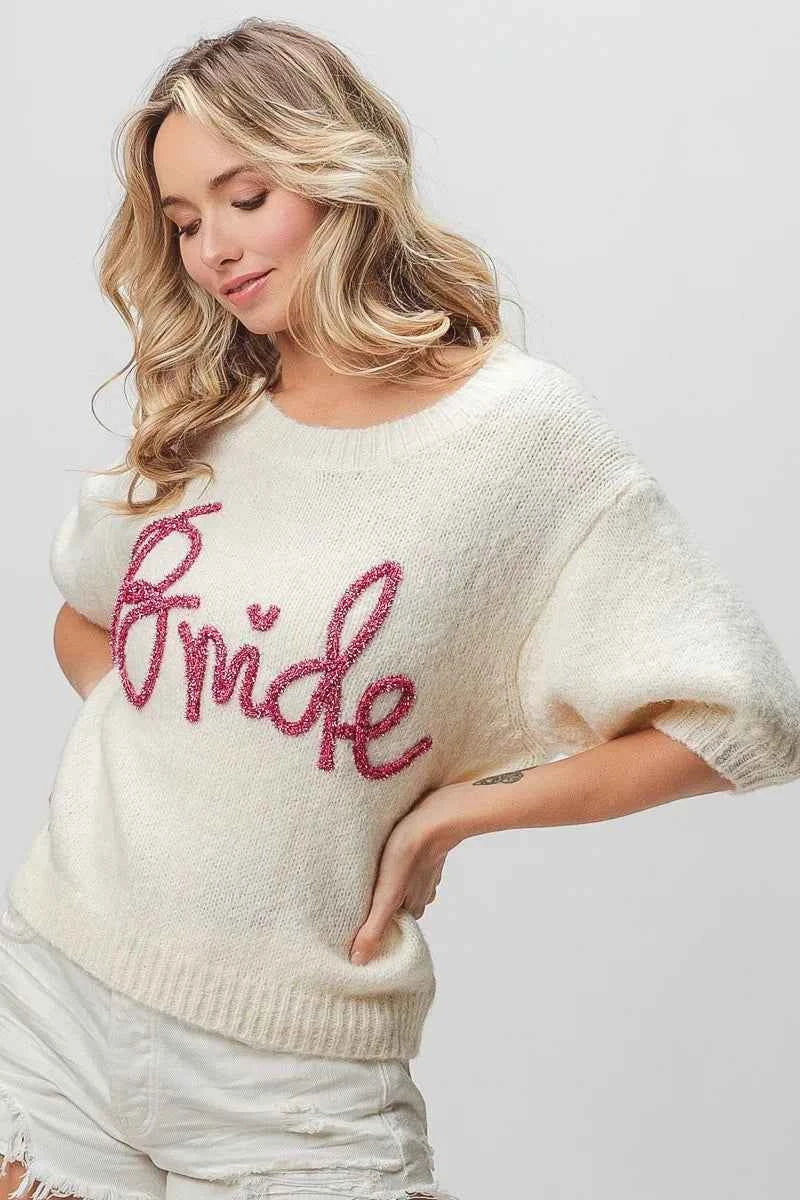 BiBi Metallic Letter Short Puff Sleeve Hairy Sweater 79bf3ff0fc504be8a0354596077122bc-Max-Origin