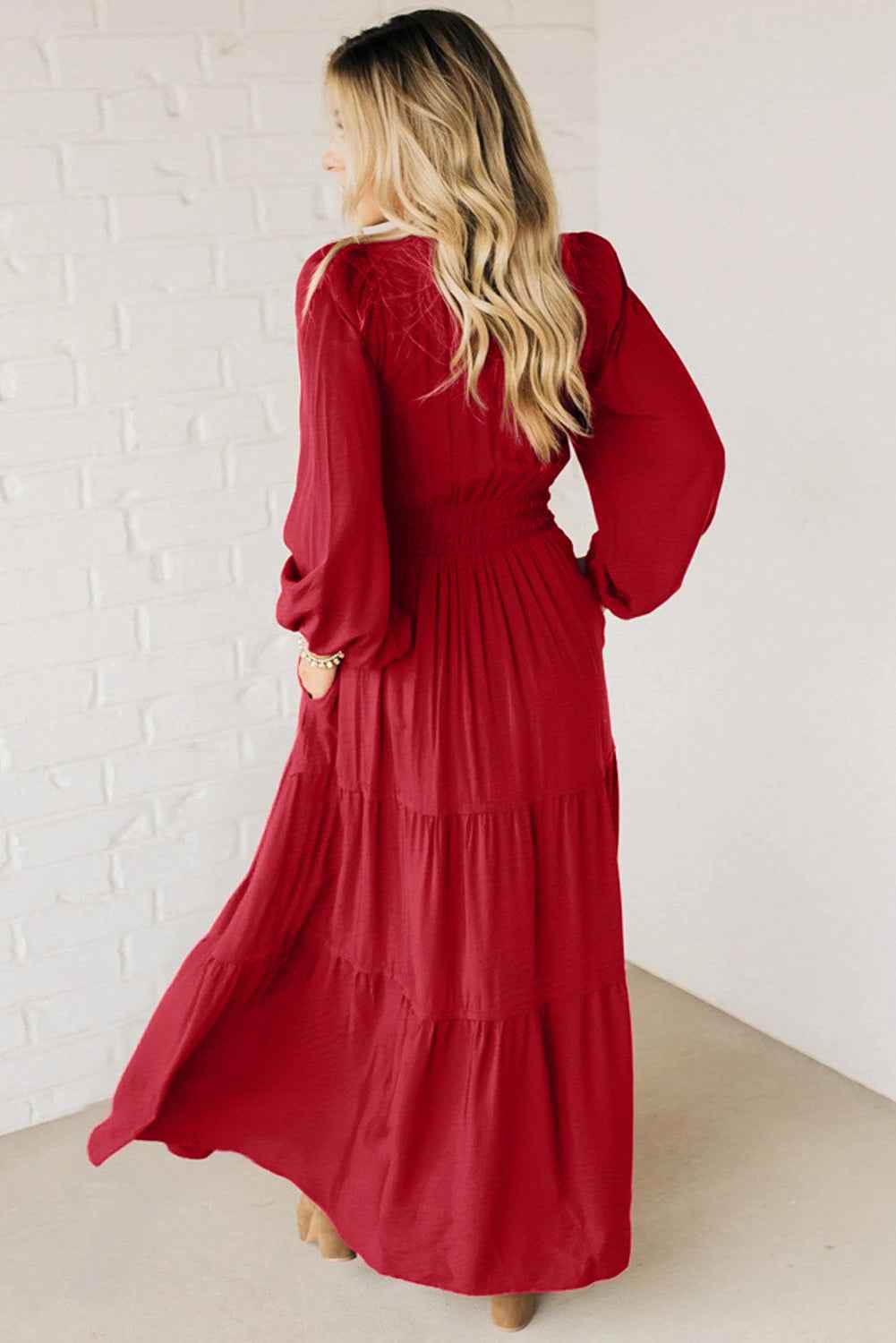 Racing Red Contrast Embroidered Detail Cinched Waist Tiered Long Sleeve Maxi Dress 79c54bf5808363b4
