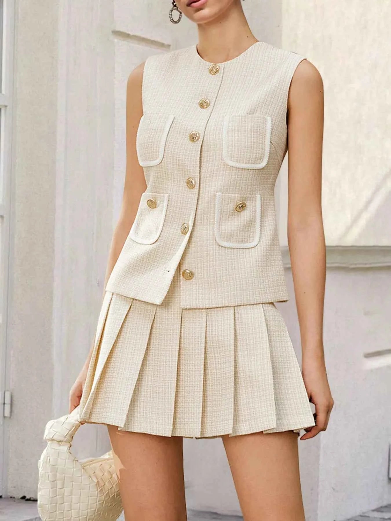 Tweed Button-Front Vest and Pleated Skirt Set Beige 79c69693-c376-4dee-975f-c31b62a0a0e0-Max-Origin