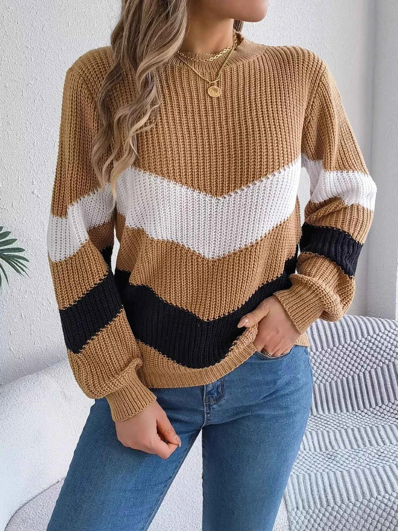 Chevron Stripe Color Block Round Neck Sweater 79c71dd3-ce9a-4ef7-9a60-f1dcf5109915-Max-Origin