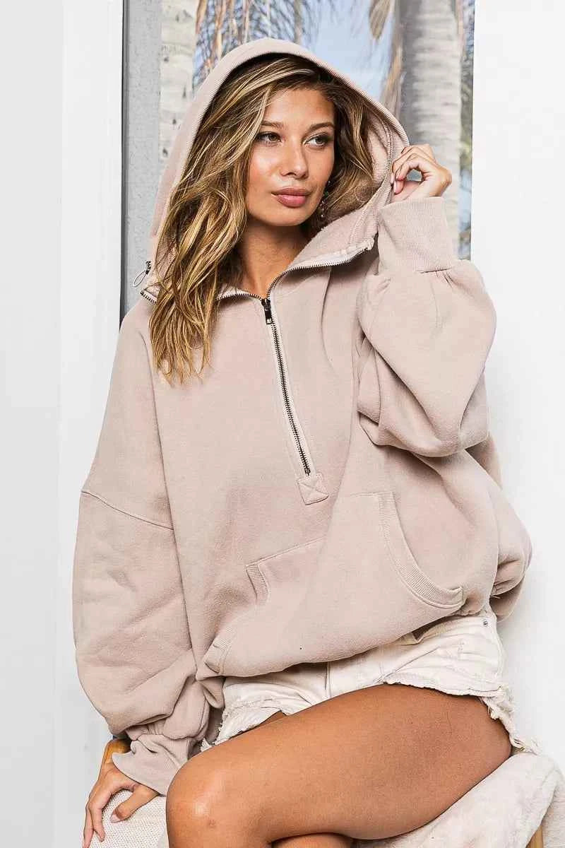 Stitch Detailed Elastic Hem Half Zip Fleece Hoodie 79cd0ec7-05f3-407b-bb34-e10f2cc31f3b-Max-Origin