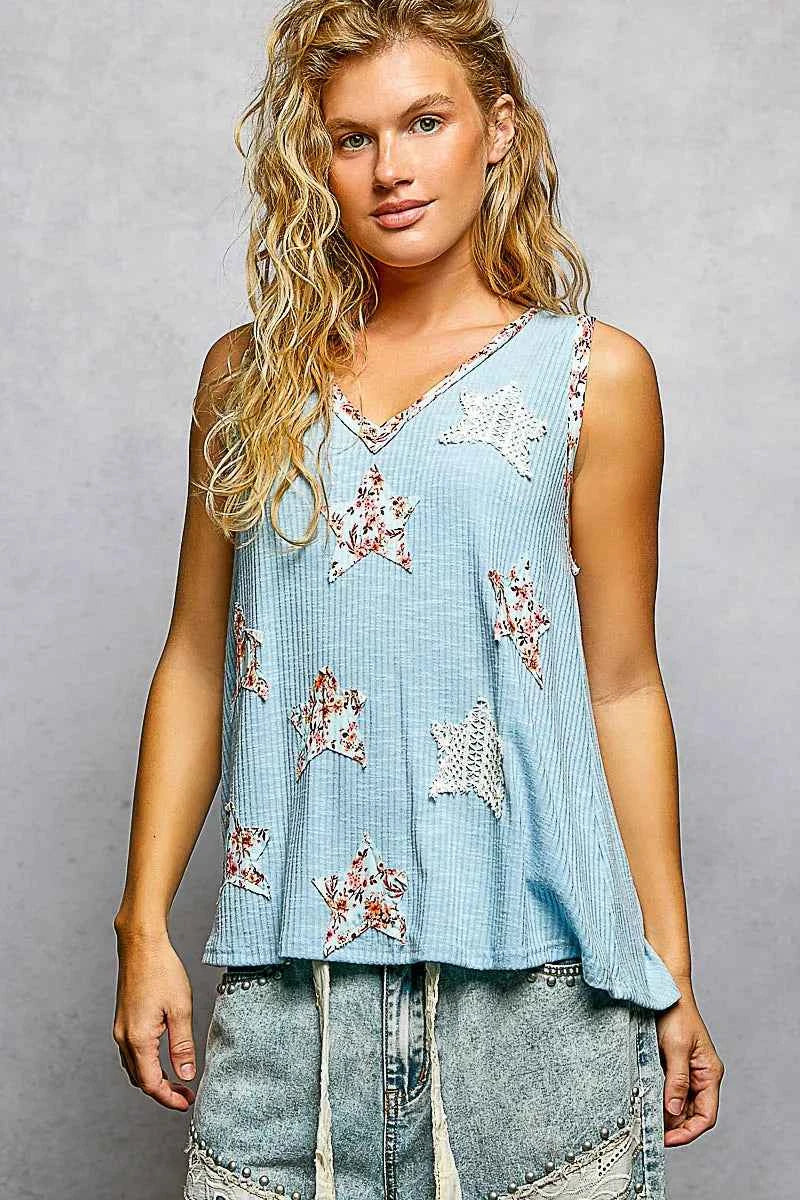 POL Washed Ribbed V-Neck Tank with Floral Print Star Patch POWDER BLUE 79cf5211-bcfe-4ba1-a1fc-06568d9fe6ea-Max-Origin