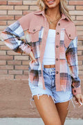 Plaid Corduroy Patchwork Pocketed Shacket Light Pink 79d55573-0747-47d5-8afa-ba2dac887aa3