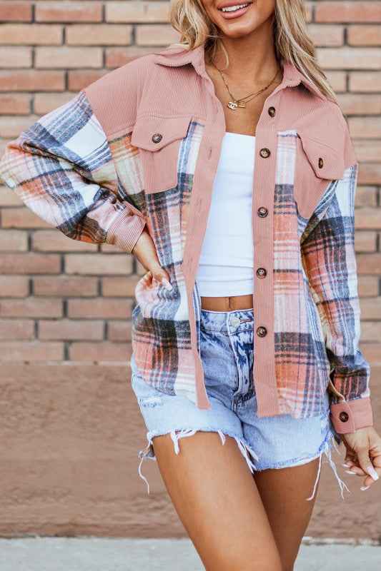 Plaid Corduroy Patchwork Pocketed Shacket Light Pink 79d55573-0747-47d5-8afa-ba2dac887aa3