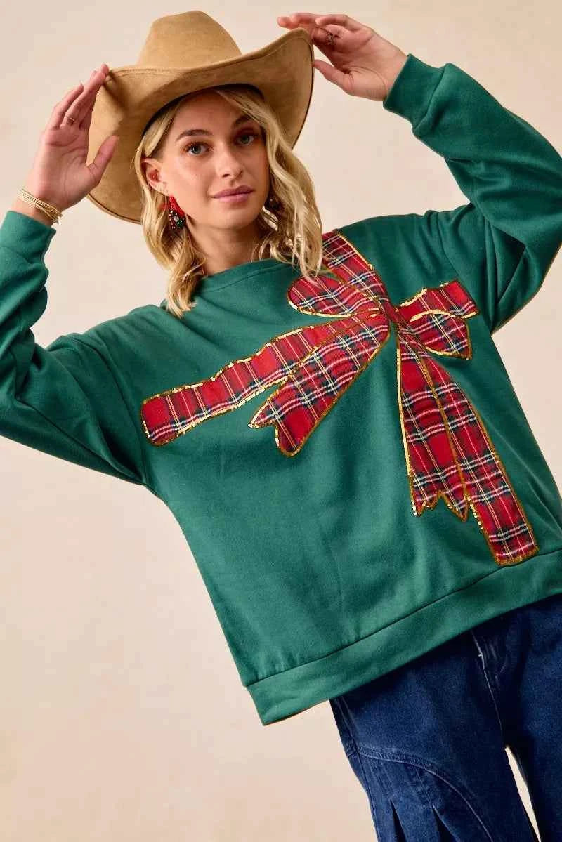 BiBi Plaid Ribbon Bow Detail Christmas Fleece Pullover 79d683b1bbc94996a71c7d91ae0f81ac-Max-Origin