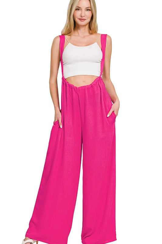 Zenana Woven Tie Back Suspender Jumpsuit HOT PINK